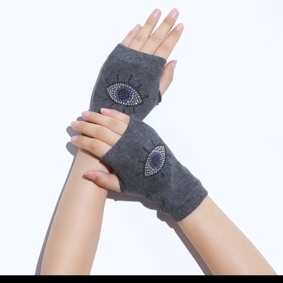 Evil Eye Fingerless Gloves Gray Grey Blue Silver Black Crystal Rhinestone Studs - Picture 2 of 8